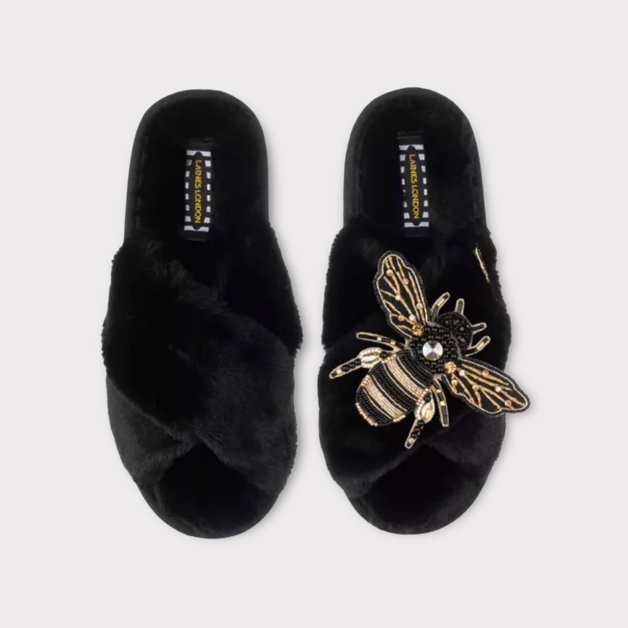 Laines London Classic Black Slippers with Artisan Gold Honey Bee