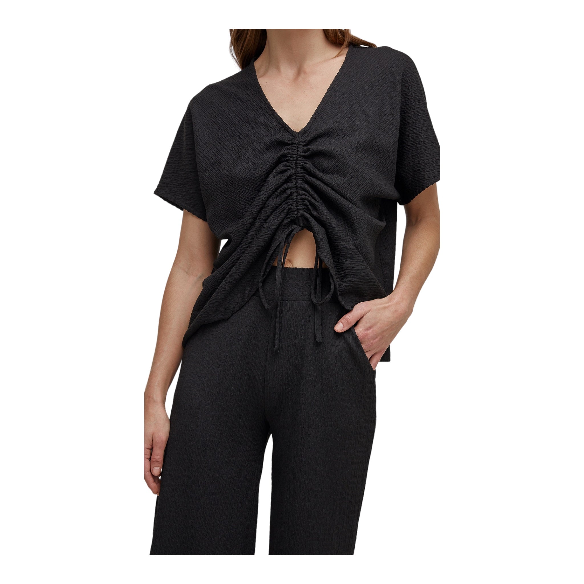 UCHUU Short Sleeve Top with Front Drawstring Black